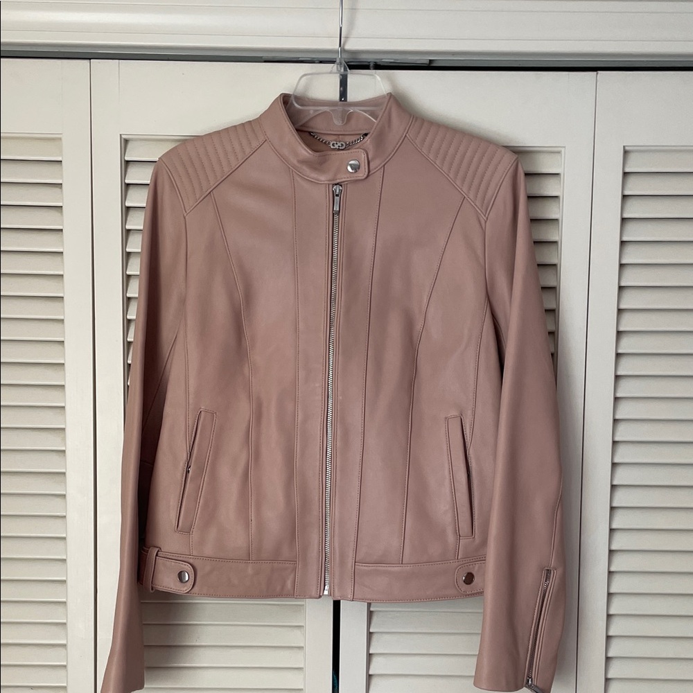 Cole Haan moto style lambskin Jacket Sz M soft pink lined Like New quilted